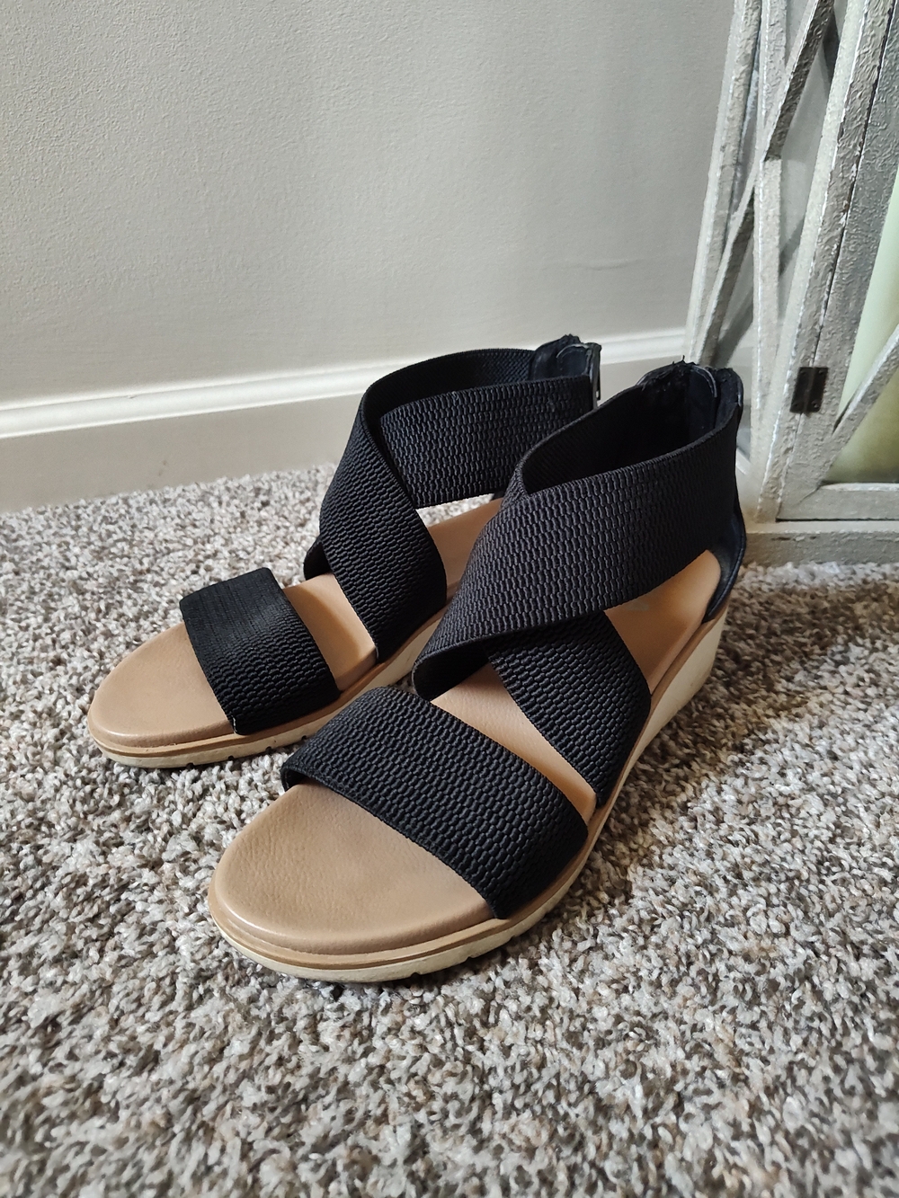 MIA Black Elastic Crisscross Wedge Sandals with Tan Footbed